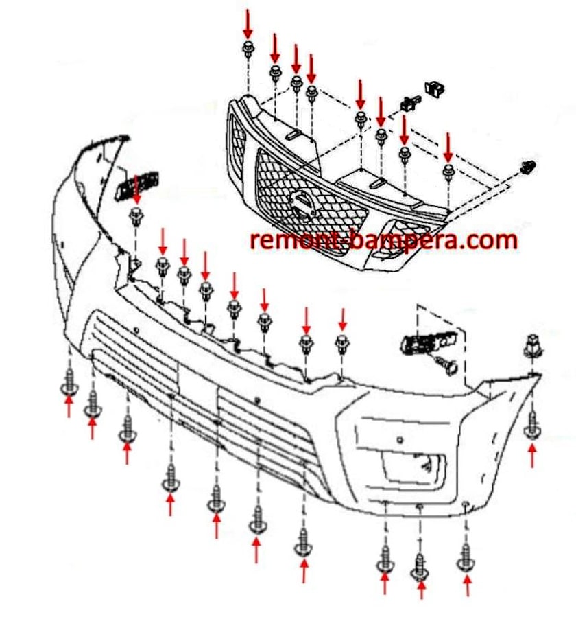Схема крепления переднего бампера Nissan Patrol VI Y62 (2010-2023) 