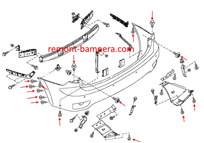 Схема крепления заднего бампера Nissan Patrol VI Y62 (2010-2023) 