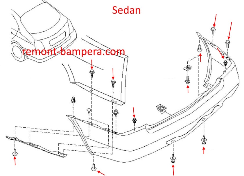 Rear bumper mounting diagram for Nissan Primera P12 (2001-2008)