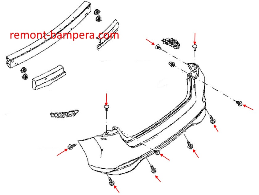 Rear bumper mounting diagram for Nissan Pulsar C13 (2014-2018)