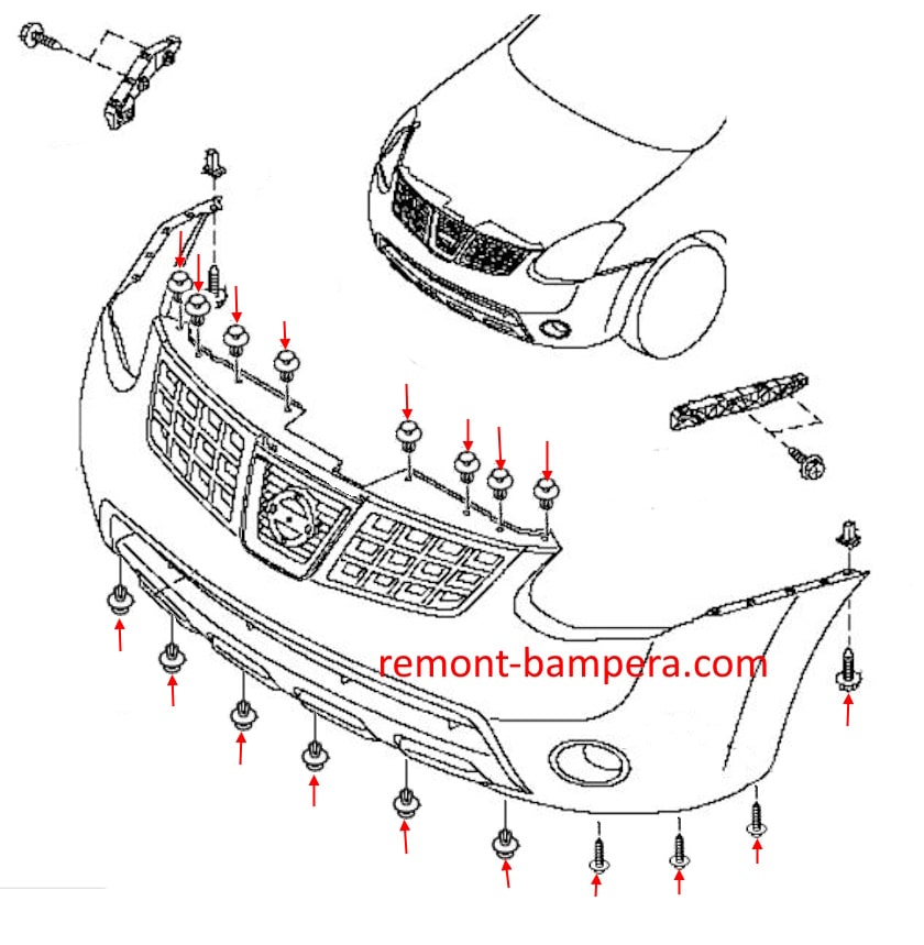 Front bumper mounting diagram for Nissan Rogue I S35 (2007-2013)