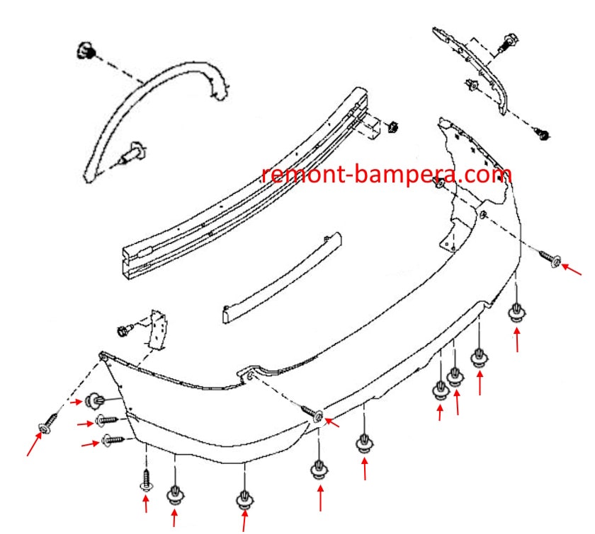 Rear bumper mounting diagram for Nissan Rogue II T32 (2013-2020)