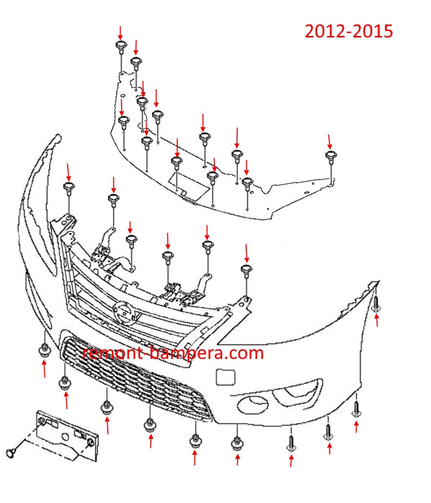 Front bumper mounting diagram for Nissan Sentra VII B17 (2012-2015)