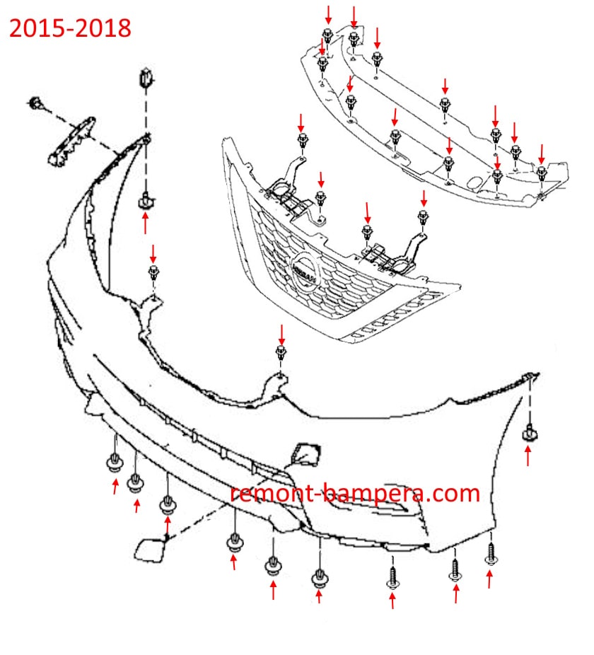 Front bumper mounting diagram for Nissan Sentra VII B17 (2015-2019)