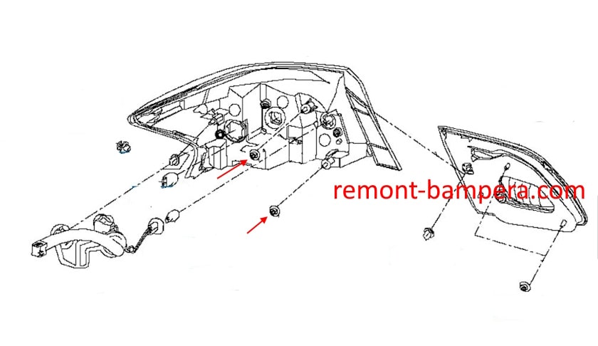 Tail light mounting diagram for Nissan Sentra VII B17 (2012-2019)