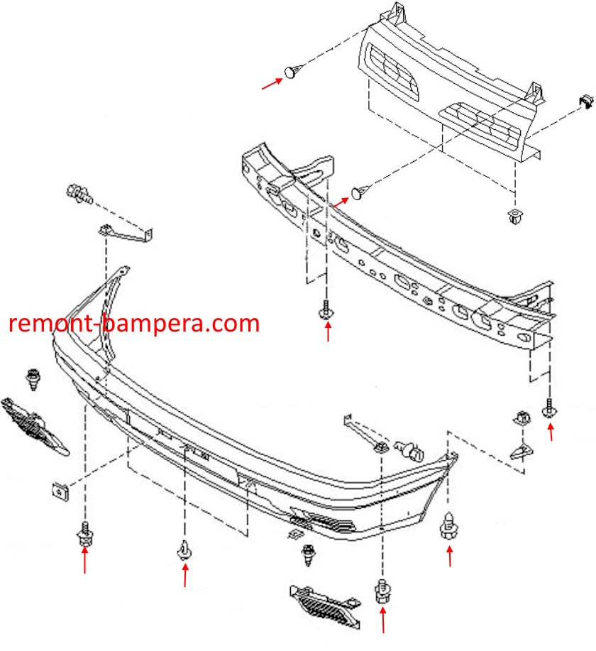 Nissan Sunny N14 (B13) front bumper mounting diagram