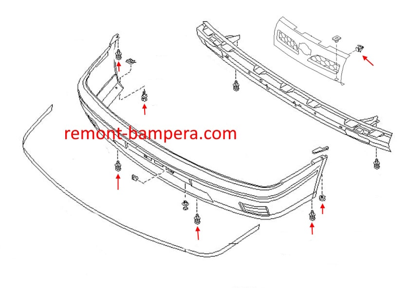 Front bumper mounting diagram for Nissan Sunny Y10 Wagon (1990-2000)