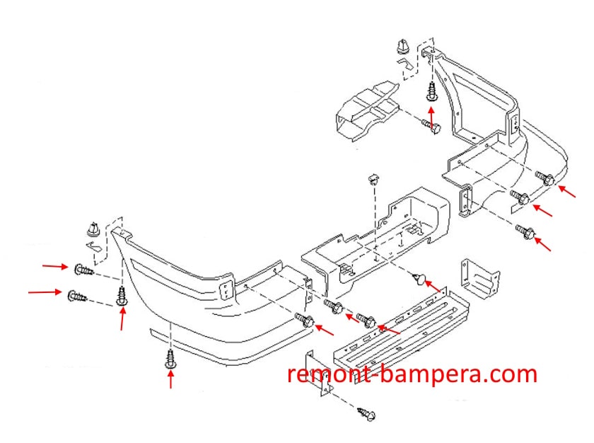Схема крепления заднего бампера Nissan Sunny Y10 Wagon (1990-2000) 
