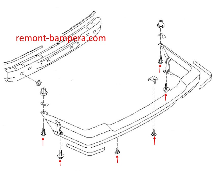 Rear bumper mounting diagram for Nissan Sunny Y10 Wagon (1990-2000)
