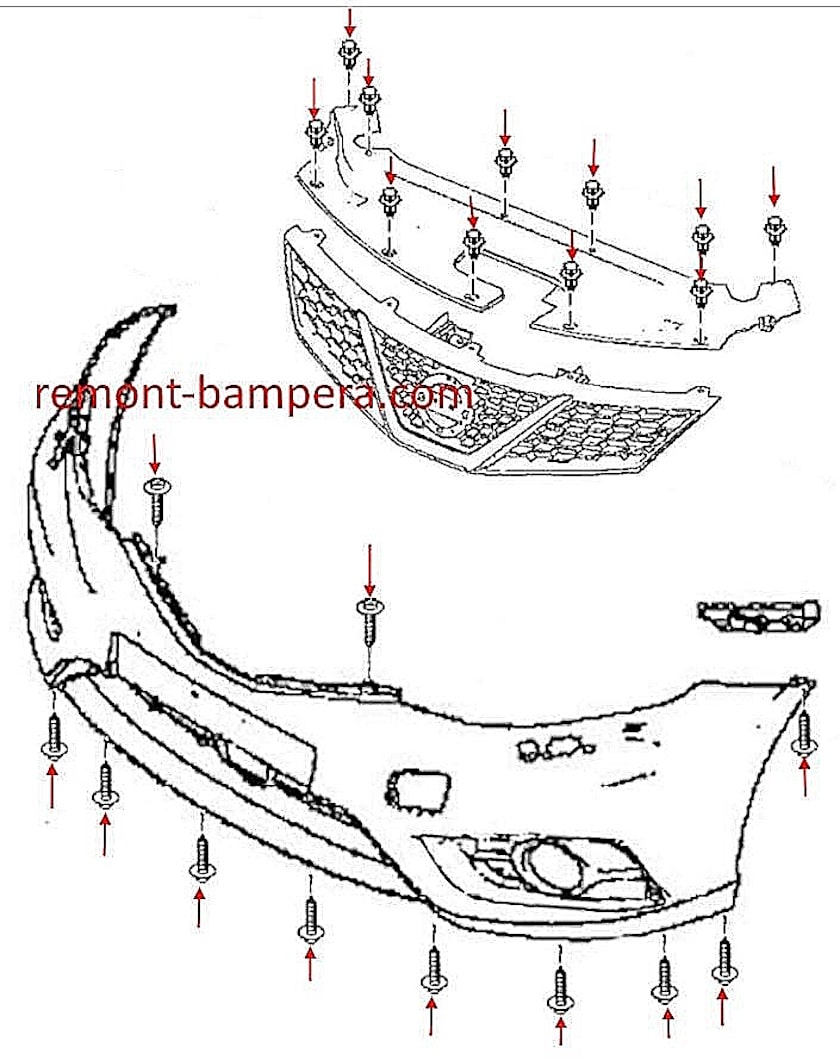 Front bumper mounting diagram for Nissan Tiida C13 (2015-2018)