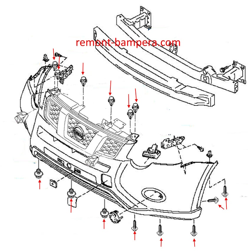 Front bumper mounting diagram for Nissan X-Trail II T31 (2007-2014)