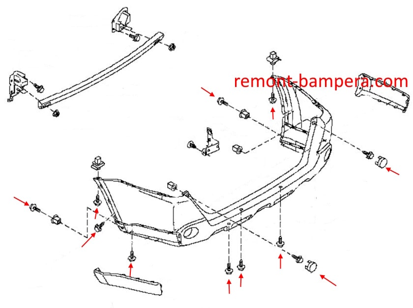 Rear bumper mounting diagram for Nissan X-Trail II T31 (2007-2014)