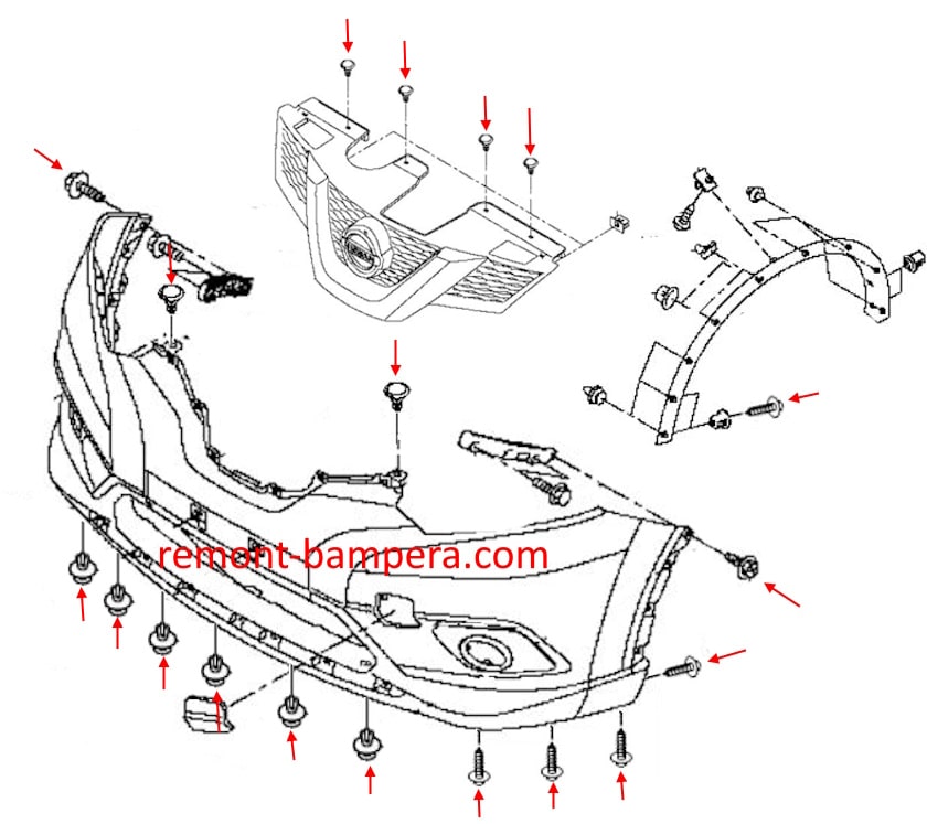 Schema di montaggio del paraurti anteriore Nissan X-Trail III T32 (2013-2022)