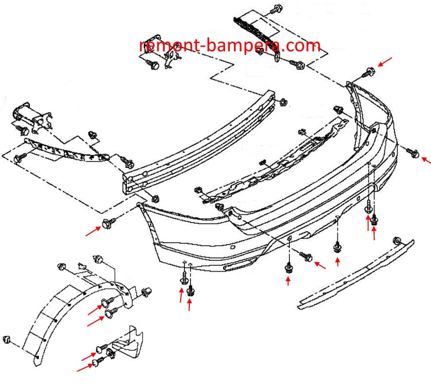 Rear bumper mounting diagram for Nissan X-Trail III T32 (2013-2022)