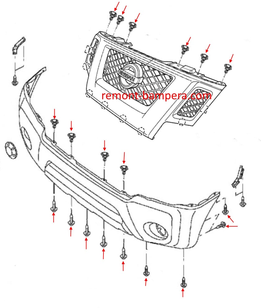 Diagrama de montaje del parachoques delantero del Nissan Xterra II (2005-2015)
