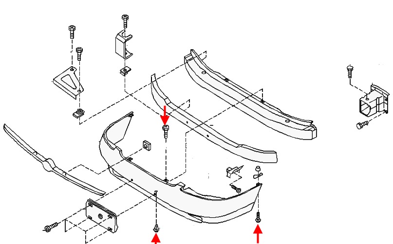 diagrama de montaje del parachoques delantero Nissan Altima L30 (1998-2001)