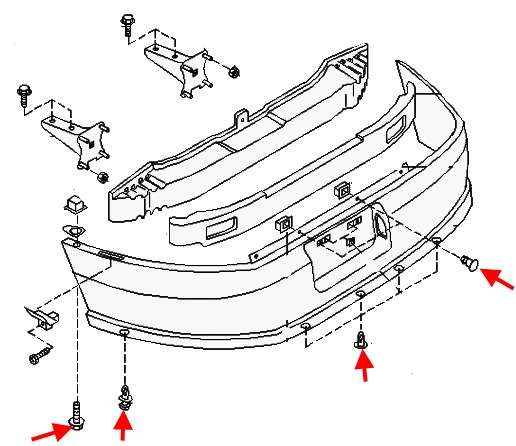 the scheme of fastening of the rear bumper Nissan Altima L30 (1998-2001)