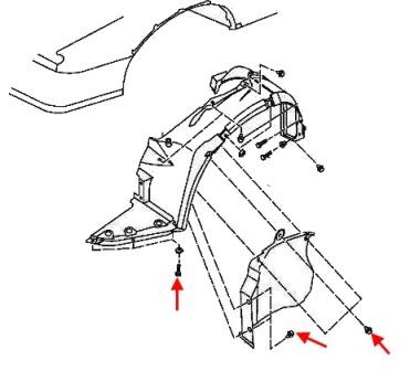 Esquema de montaje del revestimiento del arco de la rueda delantera Nissan Altima L32 (D32) (2006-2013)