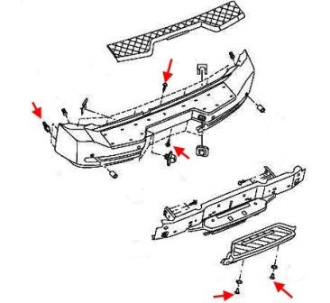 the scheme of fastening of the rear bumper Nissan Armada I (2003-2016)