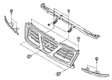 Esquema de montaje de la parrilla del radiador Nissan Patrol Y61 (1997-2010)
