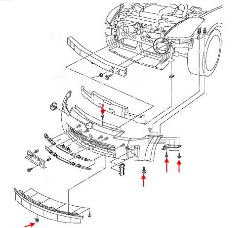 Diagrama de montaje del parachoques delantero del Nissan 350Z