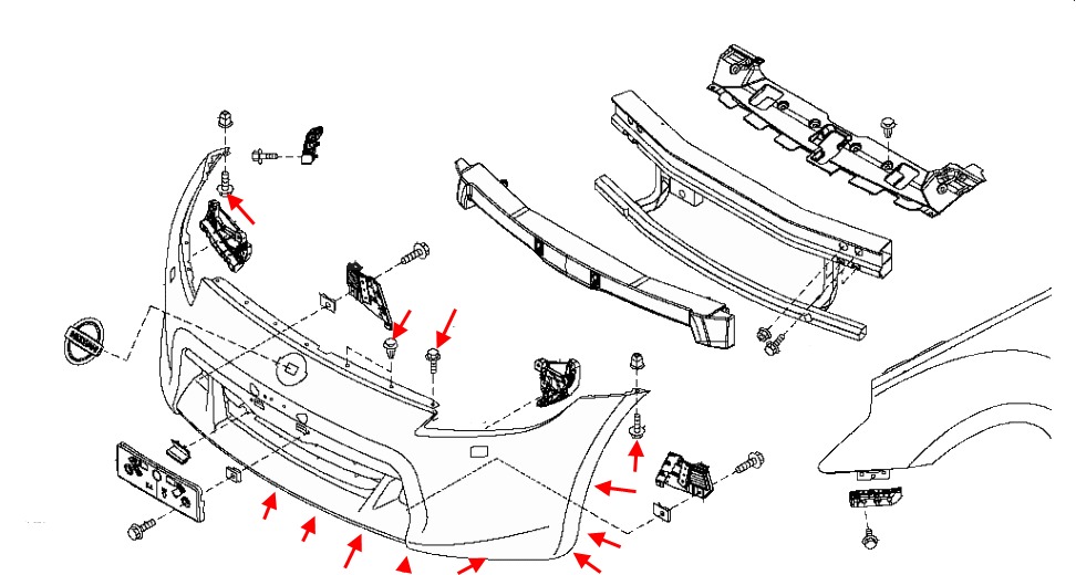Diagrama de montaje del parachoques delantero del Nissan 370Z