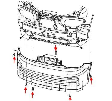 Diagrama de montaje del parachoques delantero del Nissan Cube