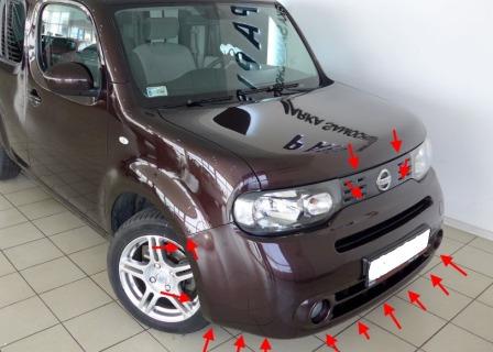the attachment of the front bumper of the Nissan Cube