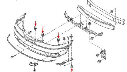 the scheme of fastening of the front bumper Nissan Maxima A33 (2000-2006)