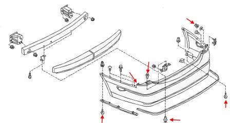 the scheme of fastening of the rear bumper Nissan Maxima A33 (2000-2006)