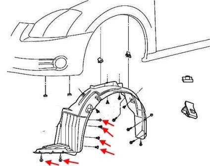 scheme of fastening of the front inner fender Nissan Maxima A34 (2003-2008)