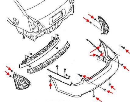 the scheme of fastening of the rear bumper Nissan Maxima A34 (2003-2008)