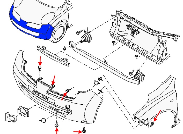 the scheme of fastening of the front bumper Nissan Micra k12 (2002-2010)