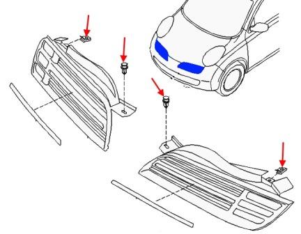 scheme of fastening of the radiator grille of the Nissan Micra k12 (2002-2010)