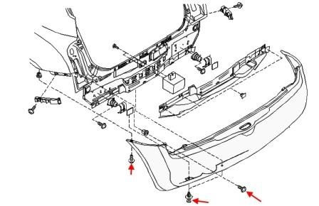 Montageschema für hintere Stoßstange Nissan Micra k12 (2002-2010)
