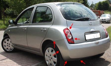 места крепления заднего бампера Nissan Micra k12 (2002-2010)