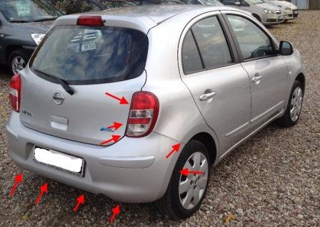 the attachment of the rear bumper Nissan Micra k13 (after 2010)