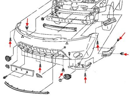the scheme of fastening of the front bumper of Nissan Murano Z50 (2002-2008)