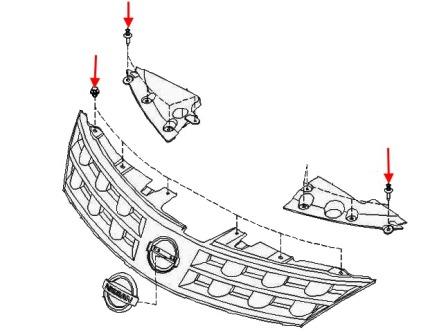 scheme of fastening of the radiator grille Nissan Murano Z50 (2002-2008)