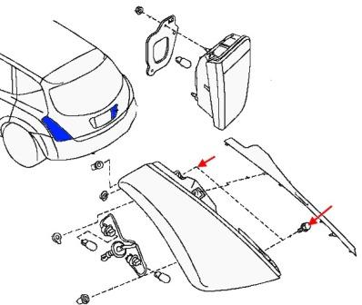 esquema de montaje de la luz trasera Nissan Murano Z50 (2002-2008)