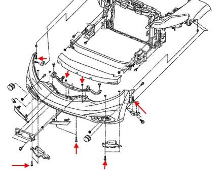 the scheme of fastening of a forward bumper Nissan Murano Z51 (after 2008)