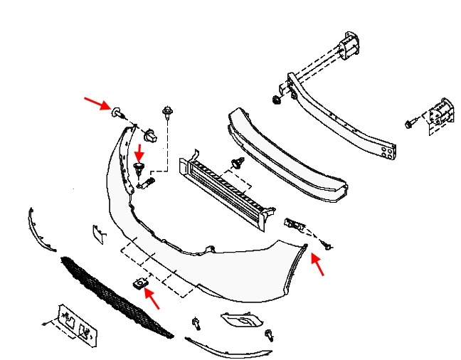 схема крепления переднего бампера Nissan Murano Z52 (после 2014 года)
