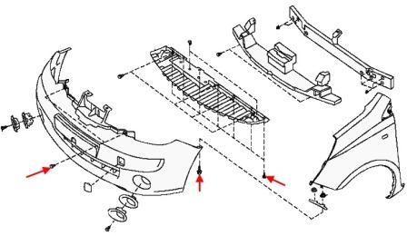 the scheme of fastening of the front bumper Nissan Note E11 (2005-2013)