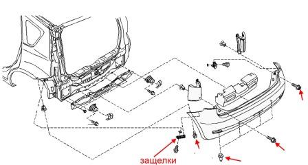 the scheme of fastening of the rear bumper Nissan Note E11 (2005-2013)