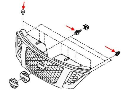 scheme of fastening of the radiator grille of the Nissan Patrol Y62 (after 2010)