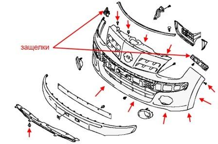 the scheme of fastening of the front bumper of the Nissan PIXO