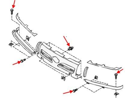схема крепления решетки радиатора Nissan Primera P10 (1990-1997)