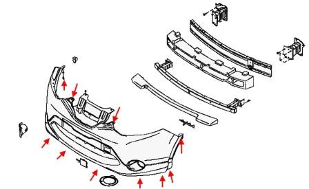the scheme of fastening of the front bumper of the Nissan Qashqai (Rogue) (after 2013)