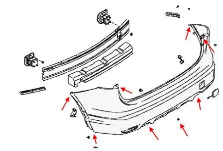 scheme of fastening of a back bumper of Nissan Qashqai (Rogue) (after 2013)