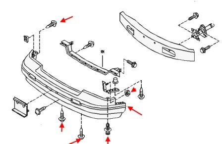 the scheme of fastening of the front bumper Nissan Quest V40